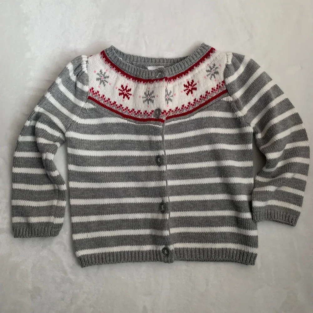 Gymboree 18-24 months Gray White Striped Snowflake Fair Isle Cardigan Sweater‎